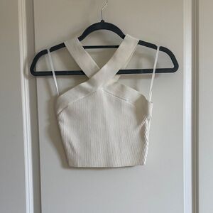 Aritzia Ivory Ribbed Cross-Strap Crop Top